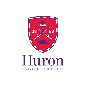 A red shield with two swords on it and the words huron university college underneath.