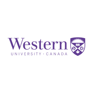 A purple and white logo of western university.