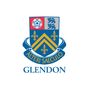 A blue and yellow crest with the words glendon underneath it.