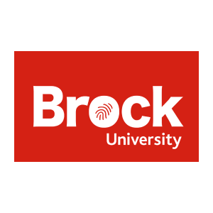 A red and white logo for brock university.