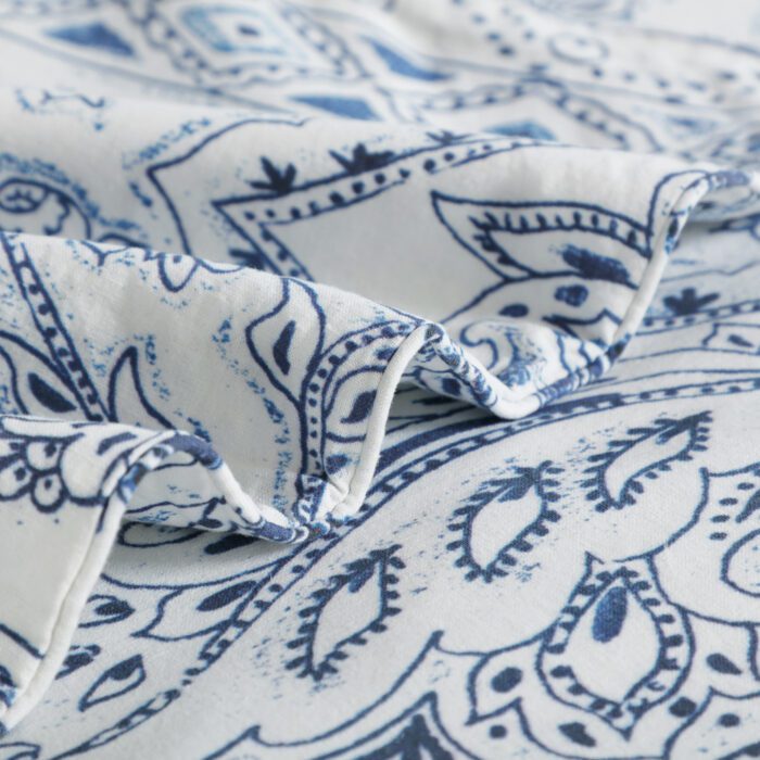 A close up of the blue and white pattern on a comforter.